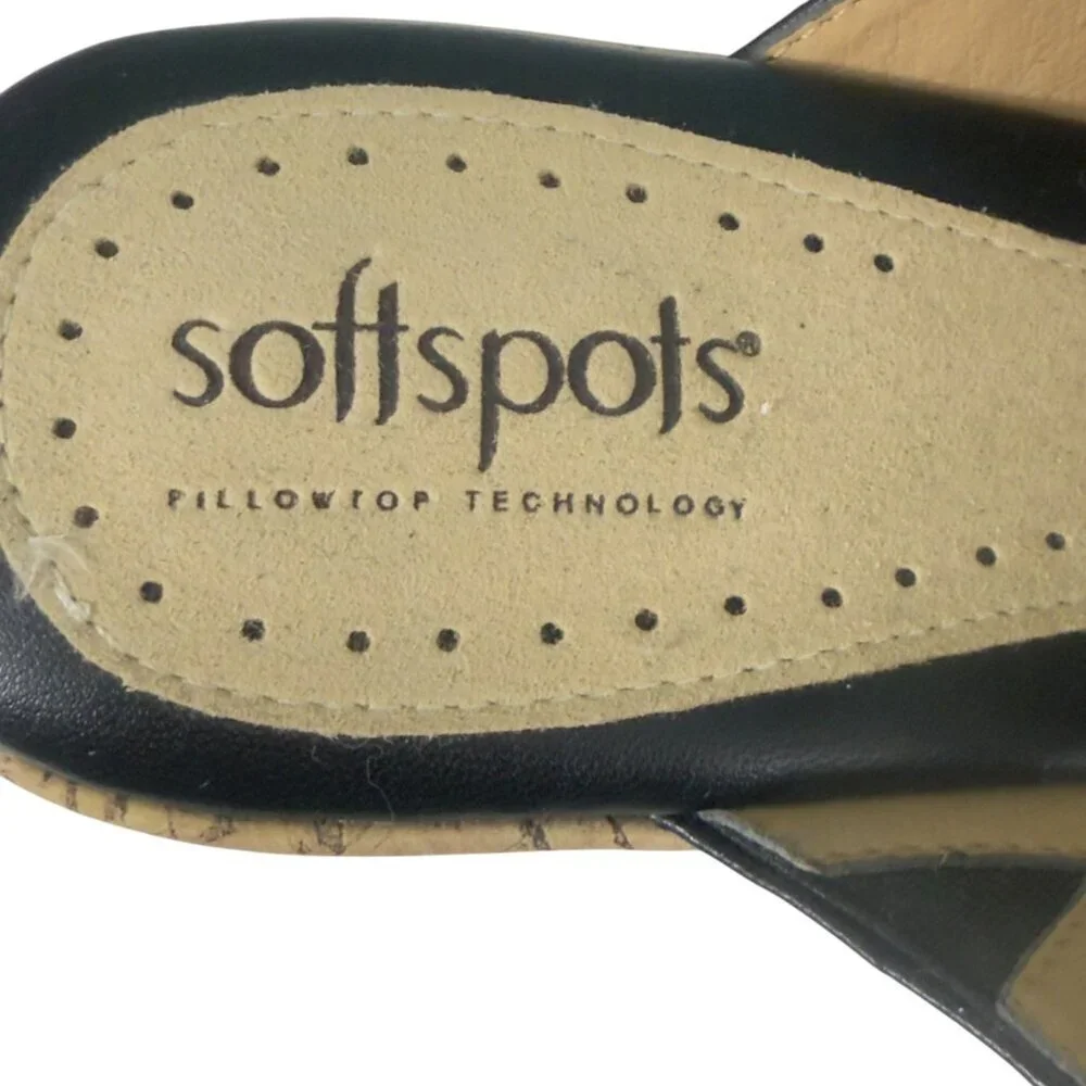 Softspots Wedge Sandals Women 8.5 Black Leather Espadrille Cork Beaded Excellent